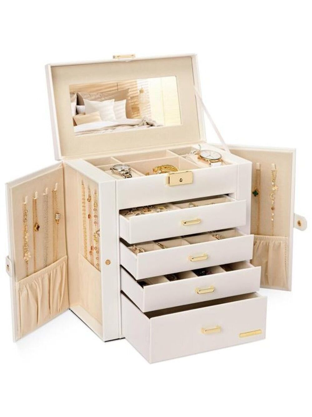 White Lockable Jewelry Box Watch Organizer Necklace Ring Storage with Mirror